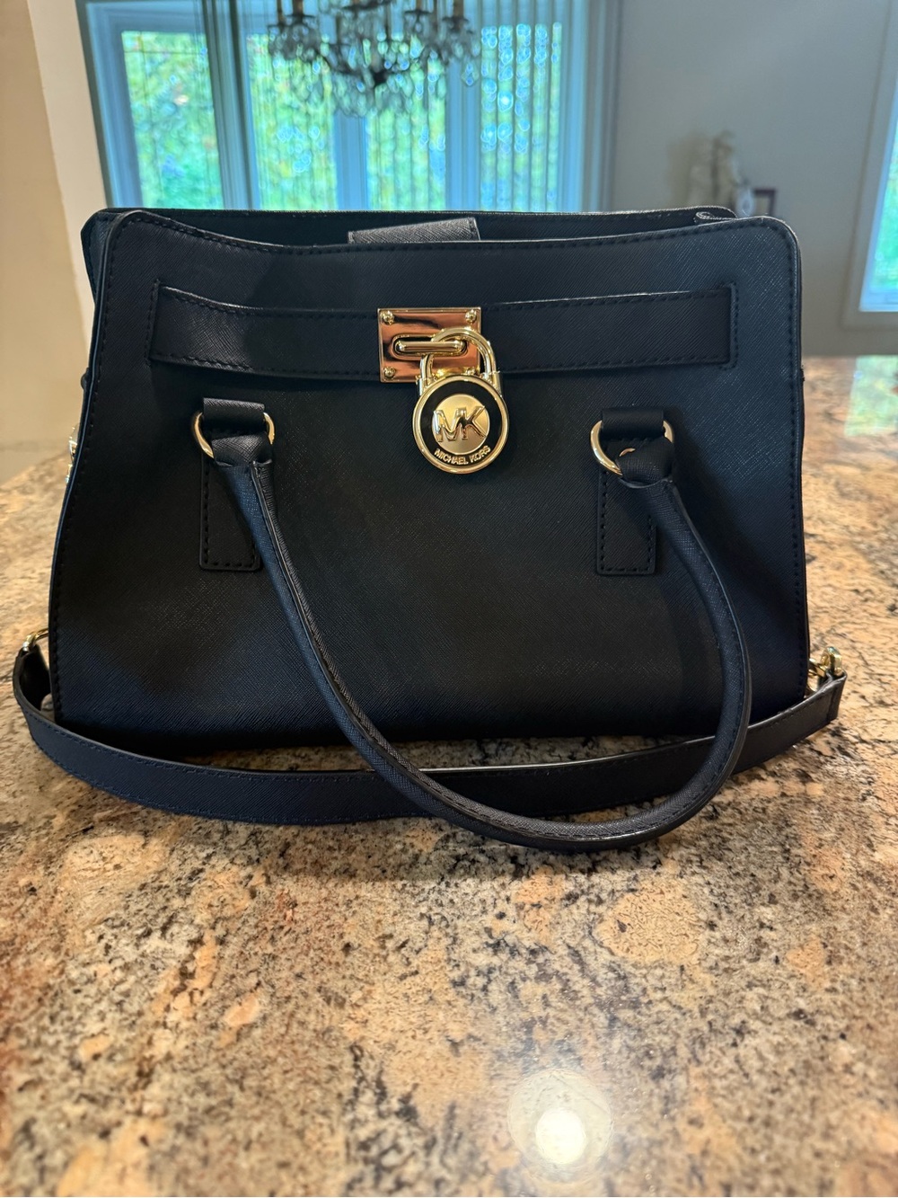 MICHAEL Michael Kors Navy Saffiano Leather Satchel with Gold Hardware